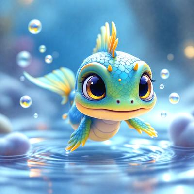 The primary subject of the image is a small, cute, and colorful cartoon lizard. The lizard is standing in a body of water, surrounded by bubbles. The setting appears to be a digital art or illustration, with a vibrant and playful atmosphere. The colors and mood of the image are predominantly blue and green, with a touch of yellow, creating a lively and cheerful scene.